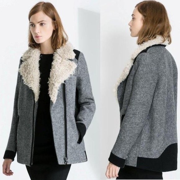 Zara Jackets & Blazers - Zara Trafaluc Grey Wool Blend Coat Faux Fur sz M